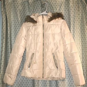 Beige Winter Coat with Fur Hood